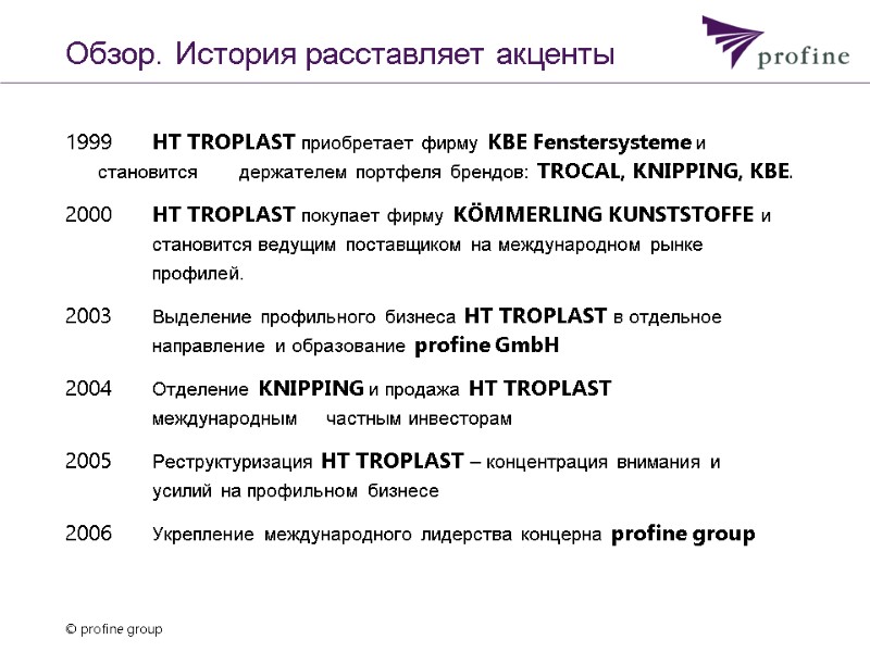 Обзор. История расставляет акценты 1999 HT TROPLAST приобретает фирму KBE Fenstersysteme и становится 